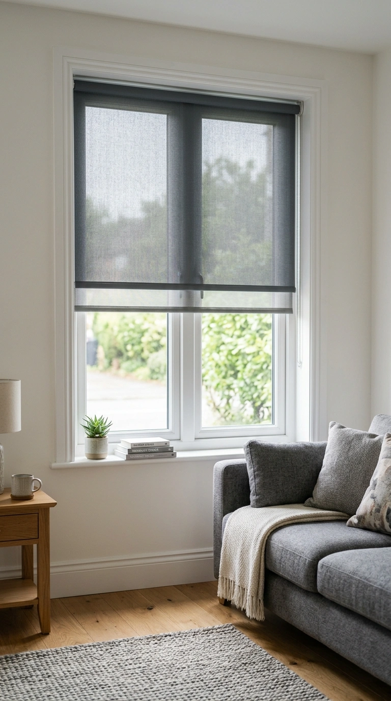 022 Steel Gray Blinds A living room window fitted with