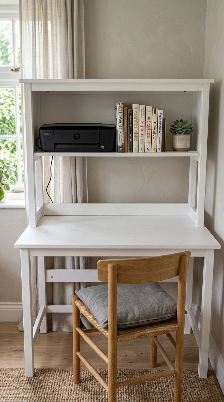 022 Two Tier Shelf Desk A white hutch style desk with