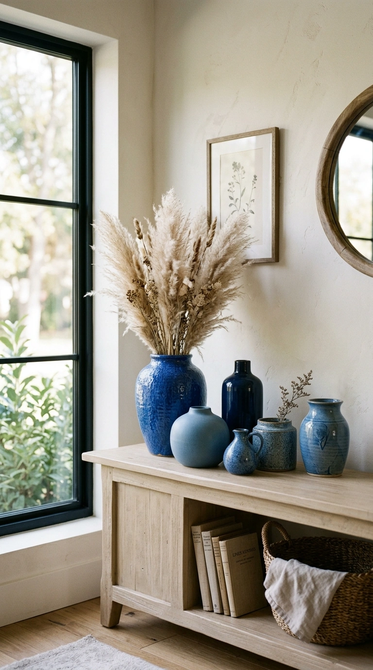 23 Blue and Beige Living Room Ideas That Make This Classic Pairing Work 24 023 23 Blue Vase Collection A beige console styled wit