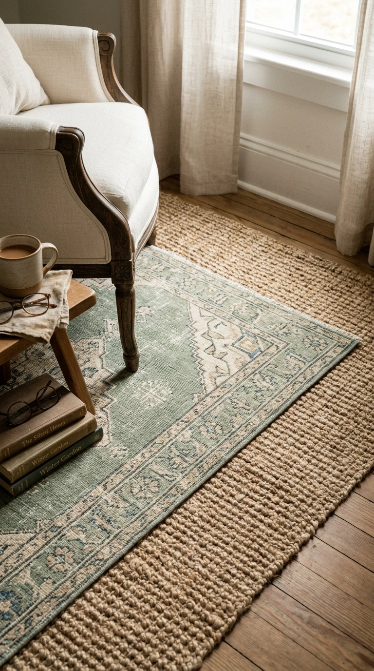 023 23 Layered Neutral Rugs A bedroom reading nook flo