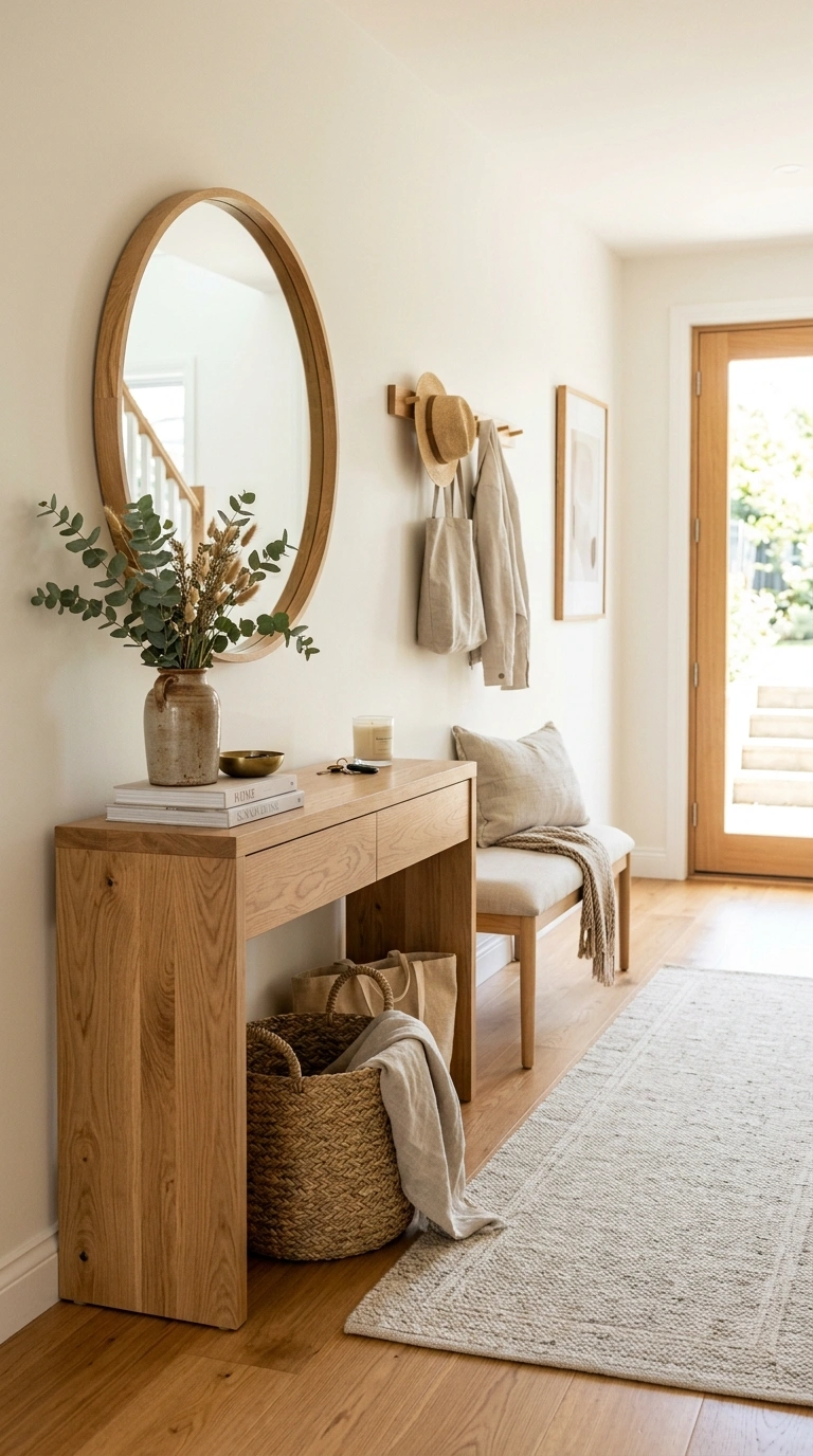 24 Large Entry Hallway Ideas for a Stylish First Impression 24 023 Natural Wood Accents A spacious neutral entry hall