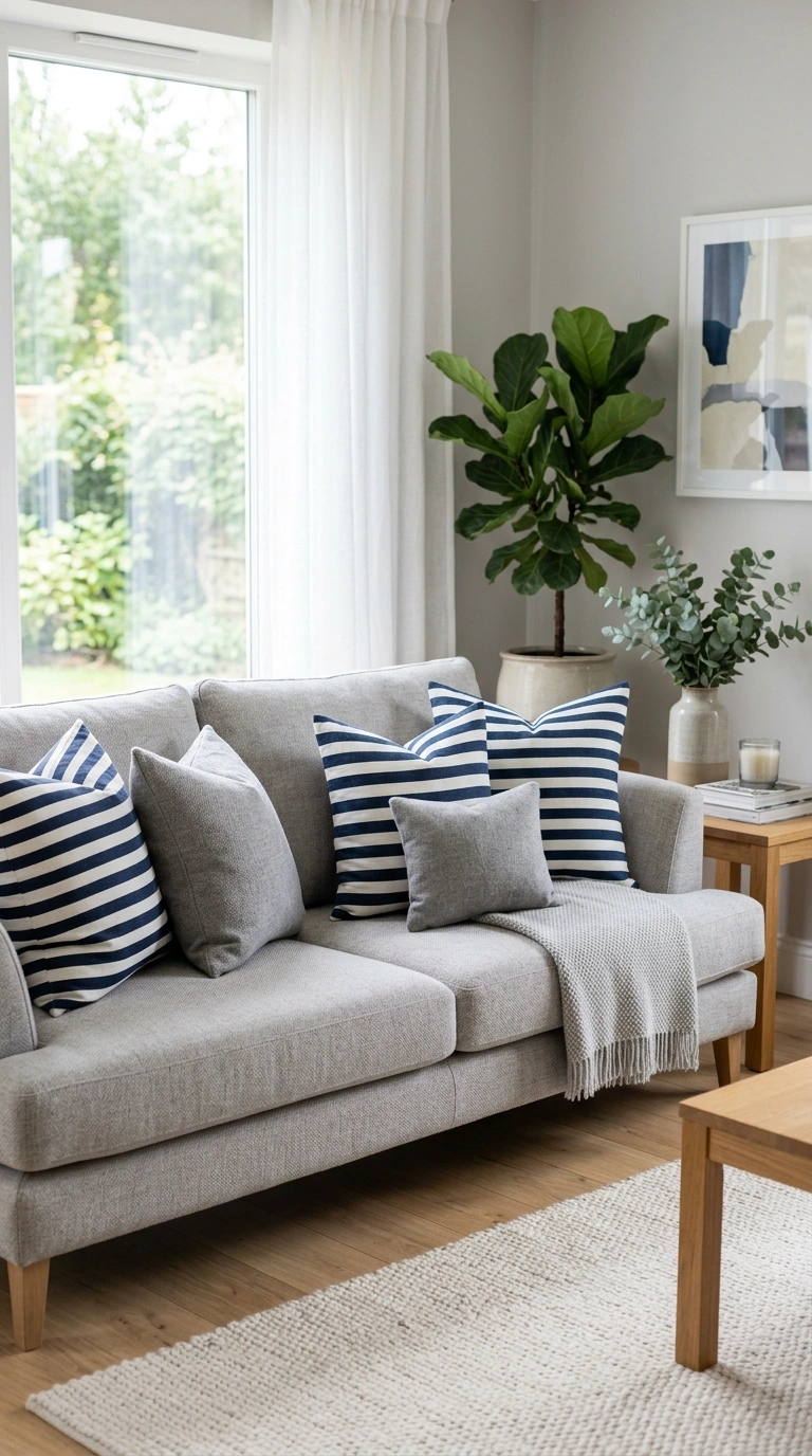 023 Navy Striped Cushions A gray sofa styled with navy