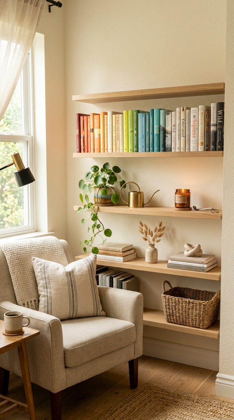 23 Easy Wall Decor Ideas to Make Any Room Look Brand New 24 023 Open Bookshelf Nook A living room corner with an o