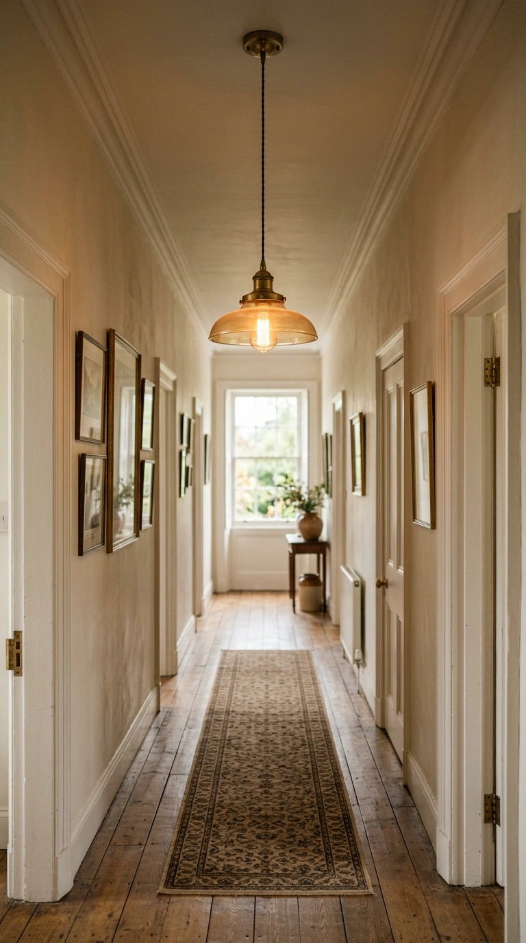 023 Warm Pendant Light A long hallway with a single br