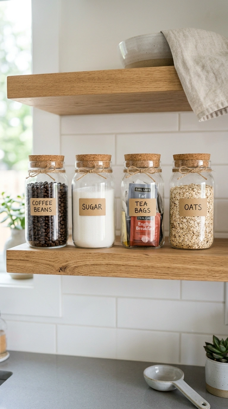 024 Glass Jar Organization A row of matching clear gla