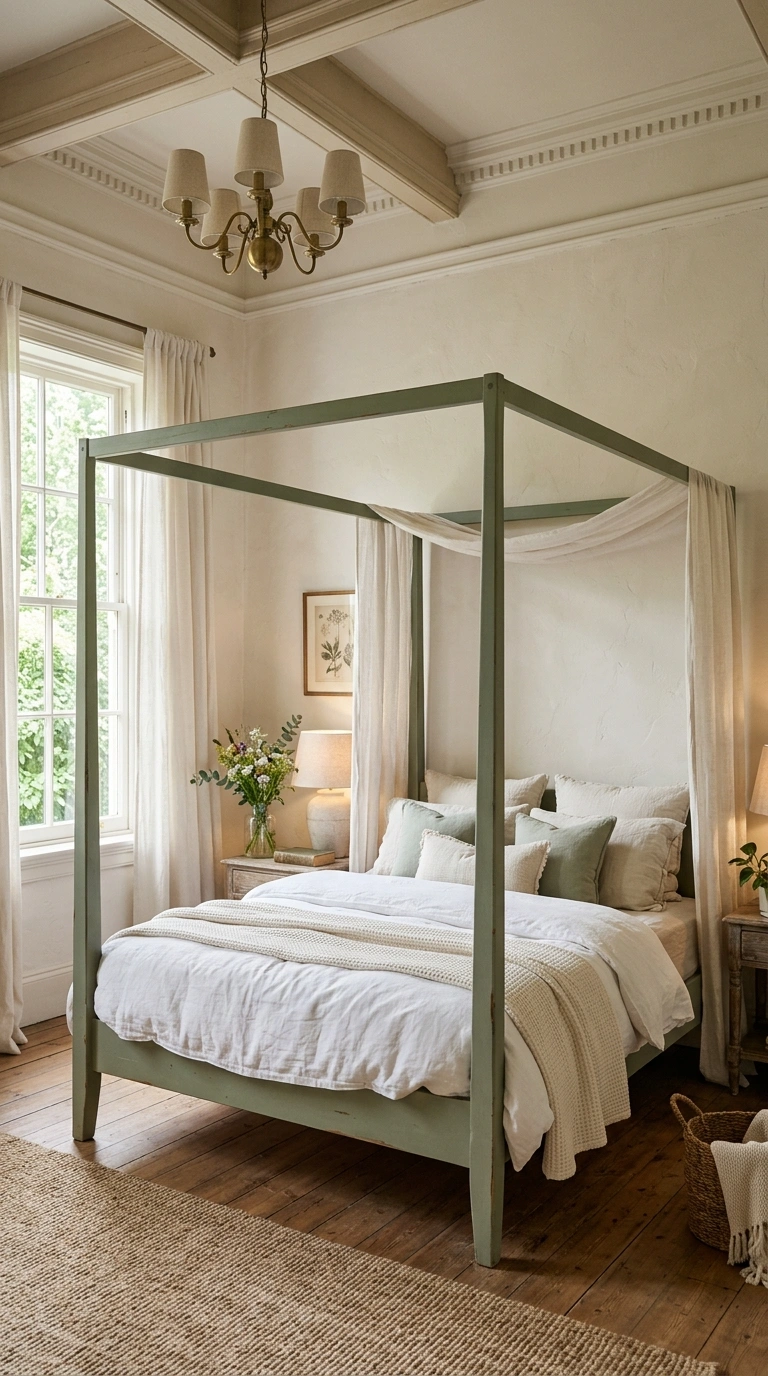 025 25 Sage Green Canopy Bed A primary bedroom with a
