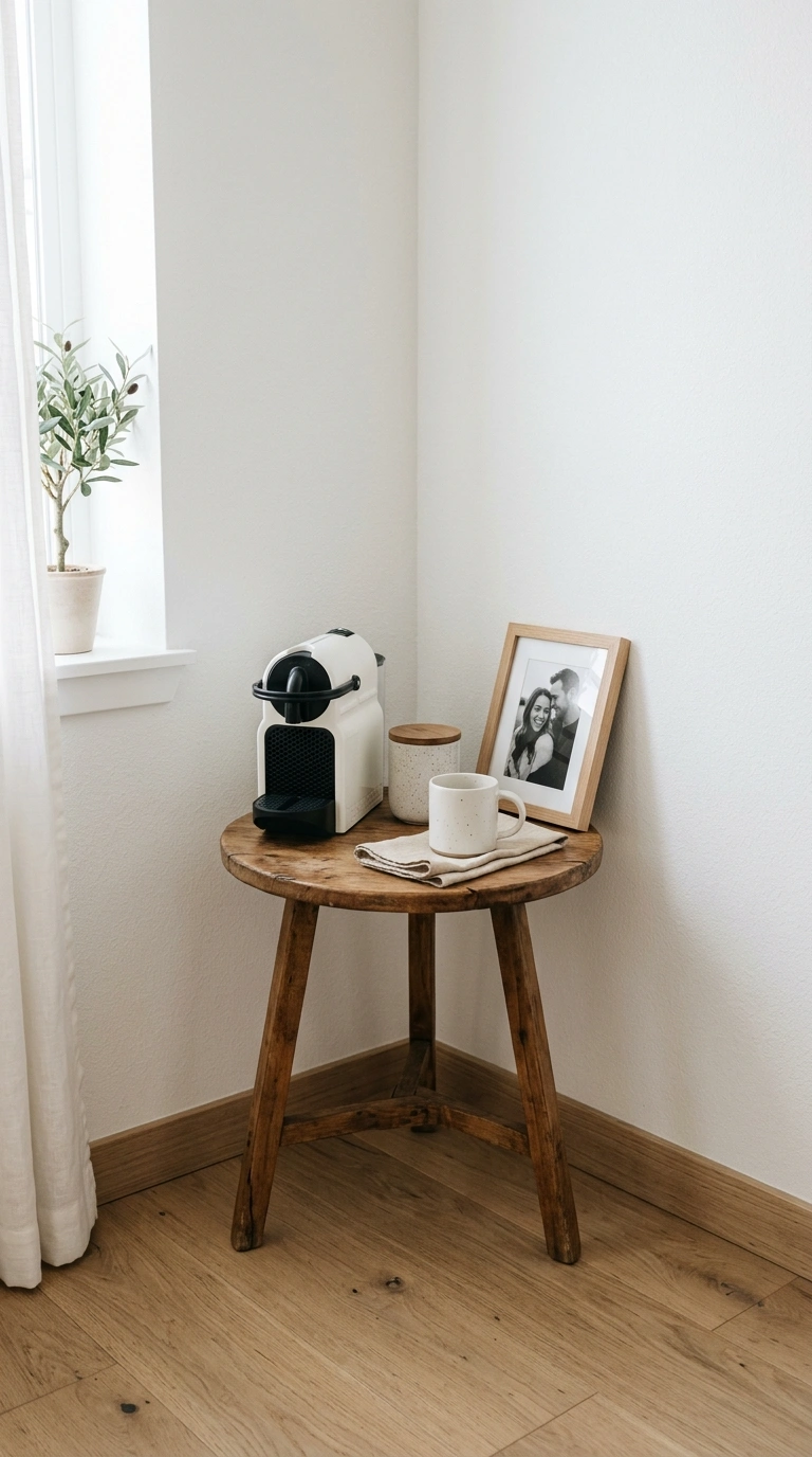 025 Small Table Corner A tiny round wood side table in