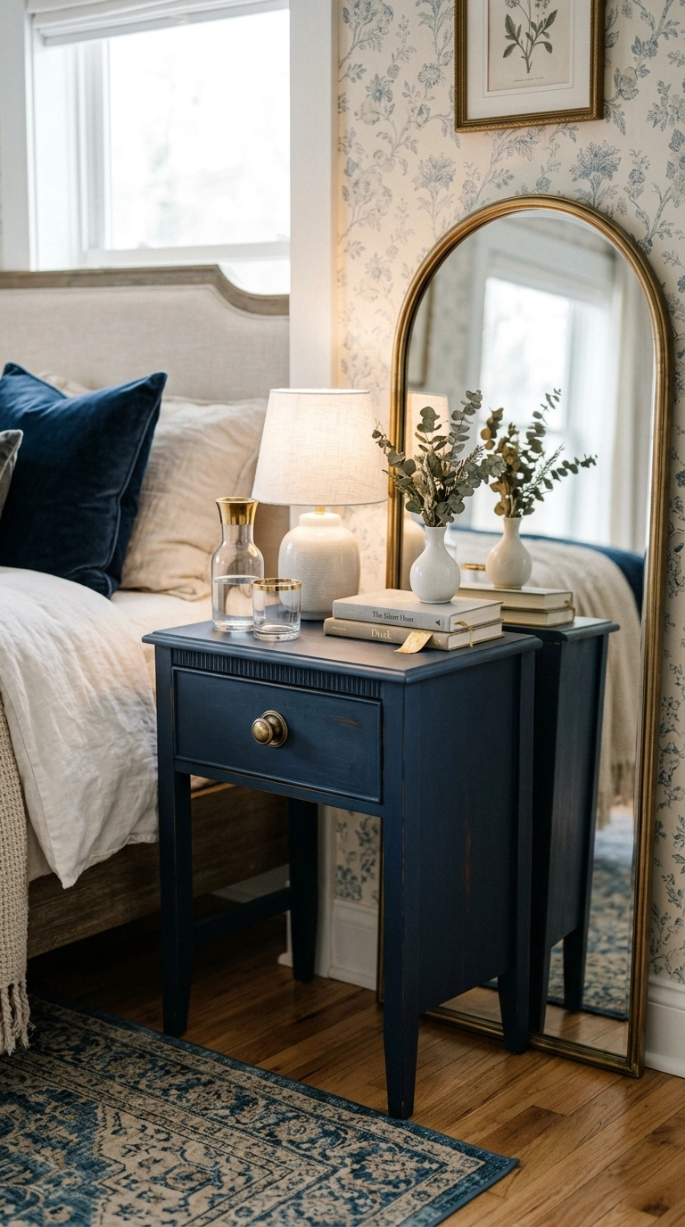 026 26 Brass Blue Accents Close up of a navy blue nigh