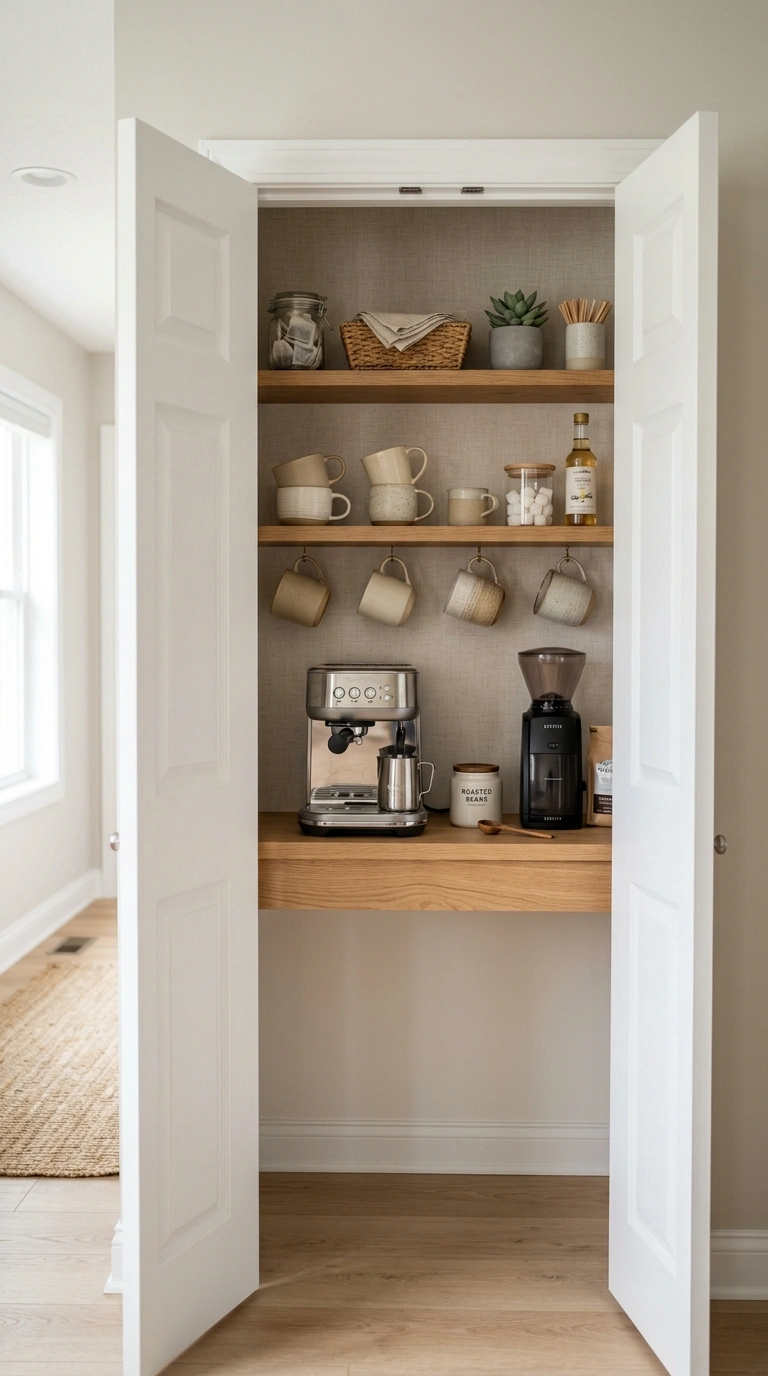 026 Closet Coffee Bar An open linen closet converted i