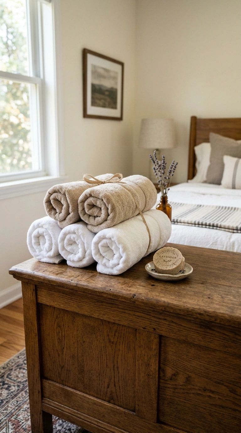 026 Fresh Towel Display A guest bedroom dresser with a