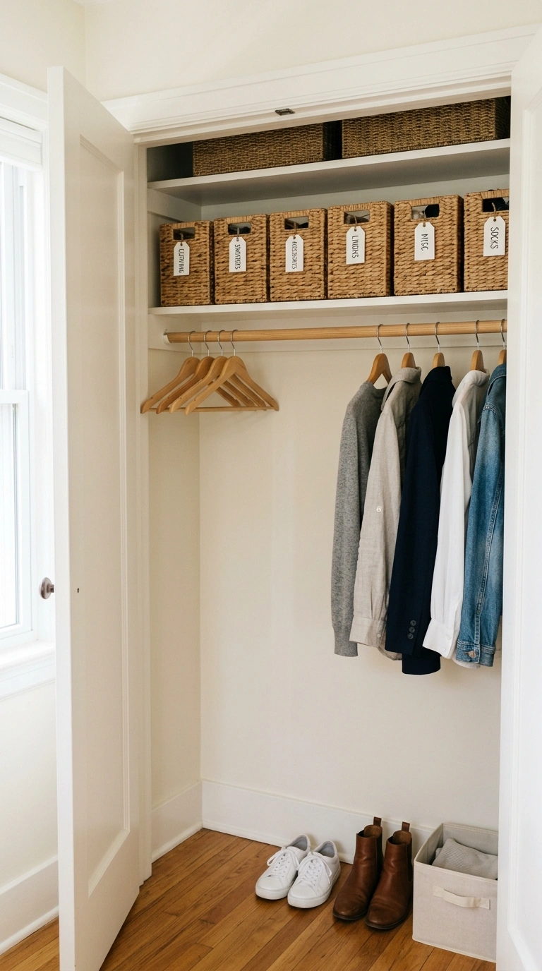 027 Closet Organizer Bins A small bedroom closet with