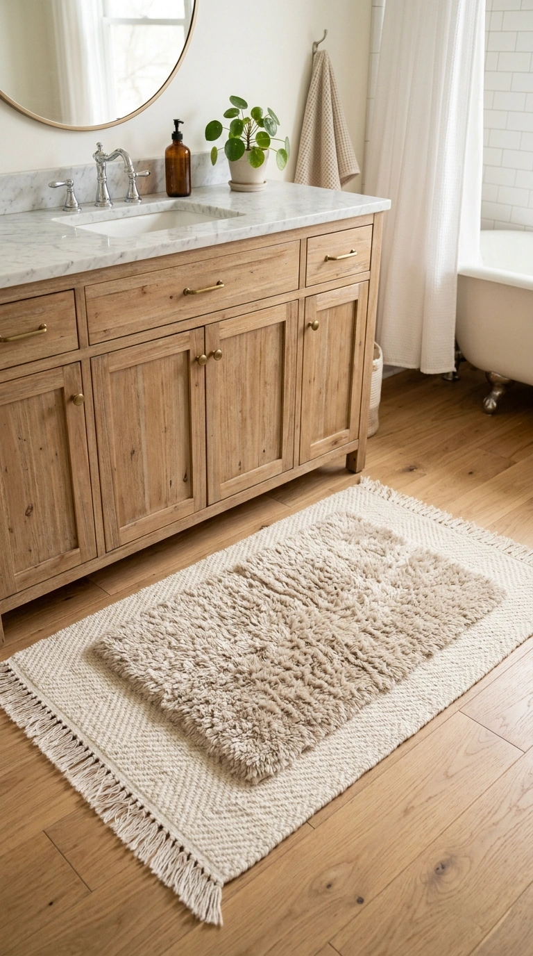 027 Layered Bath Rugs A cream flat woven rug layered u