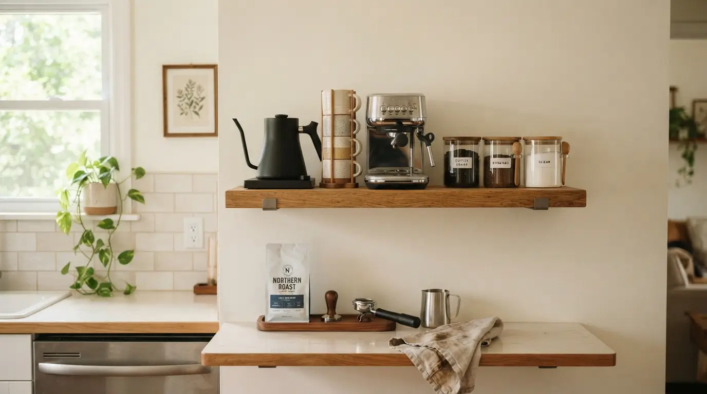 Coffee station on floating shelf 202608311639