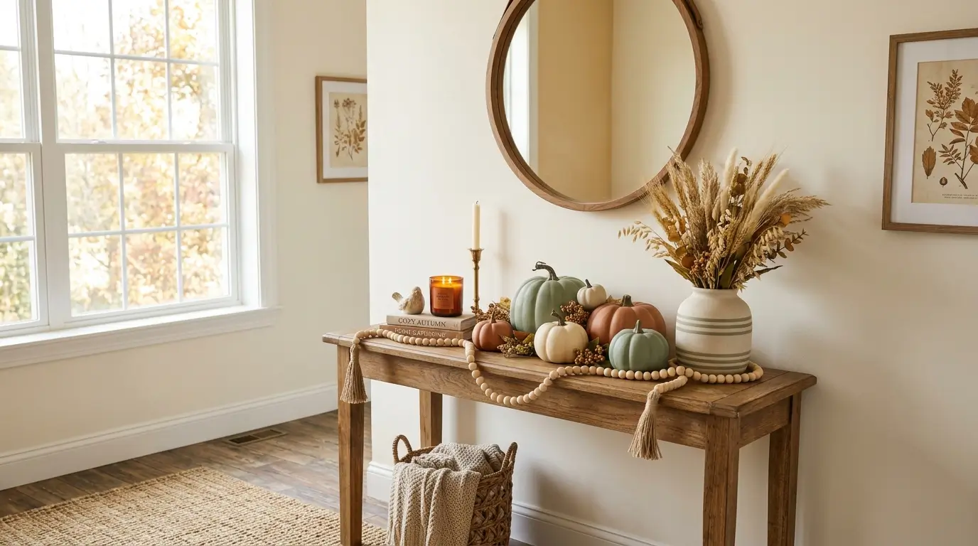 25 Dollar Tree Fall Decor Ideas That Look Expensive 1 Console table with painted pumpkins 202608311719