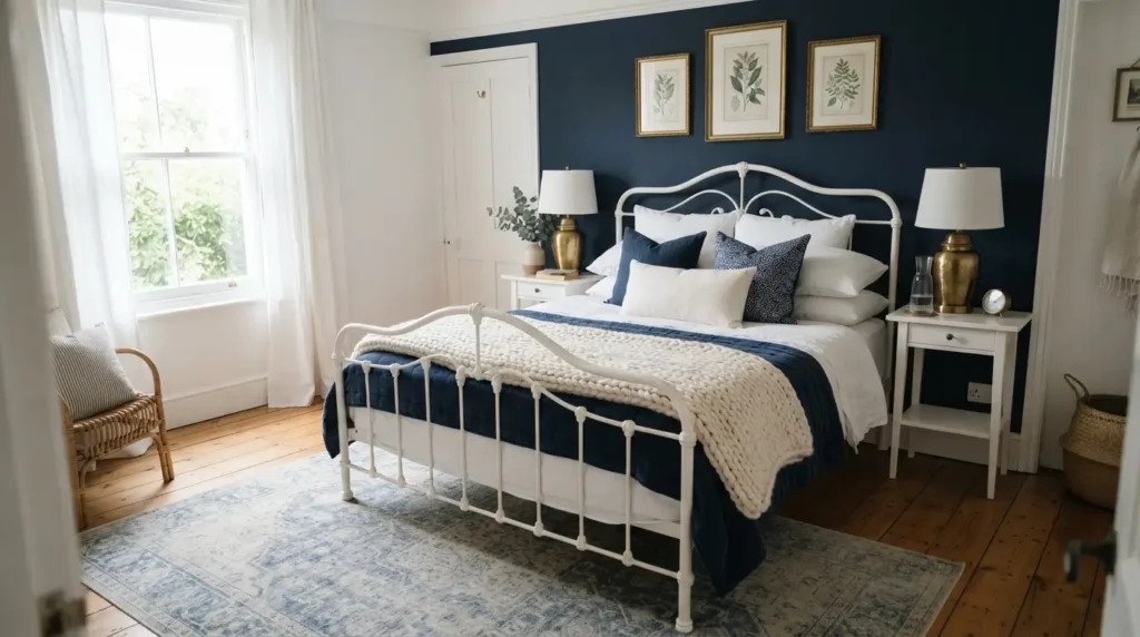 Serene bedroom with navy wall 202608132146