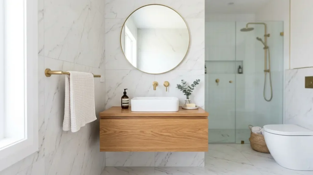 Small bathroom with wood vanity 202608121258