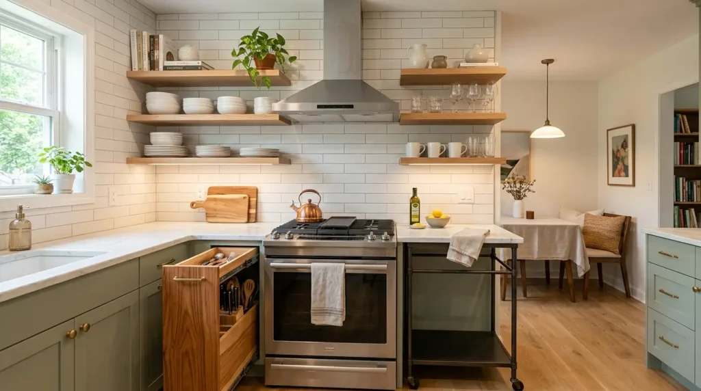 Small kitchen with wood shelving 202608152308