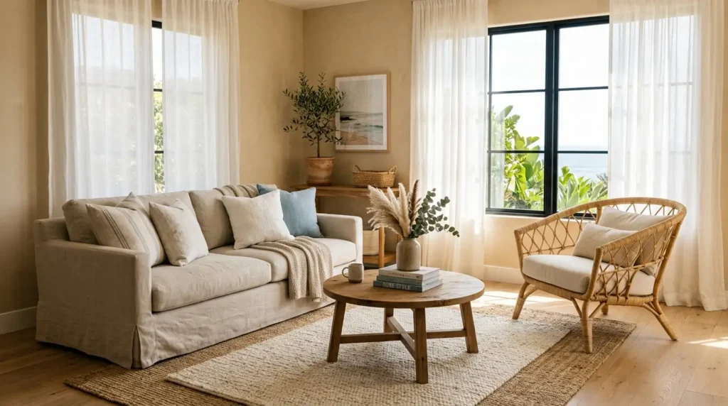 Sunlit living room with sofa 202608282316