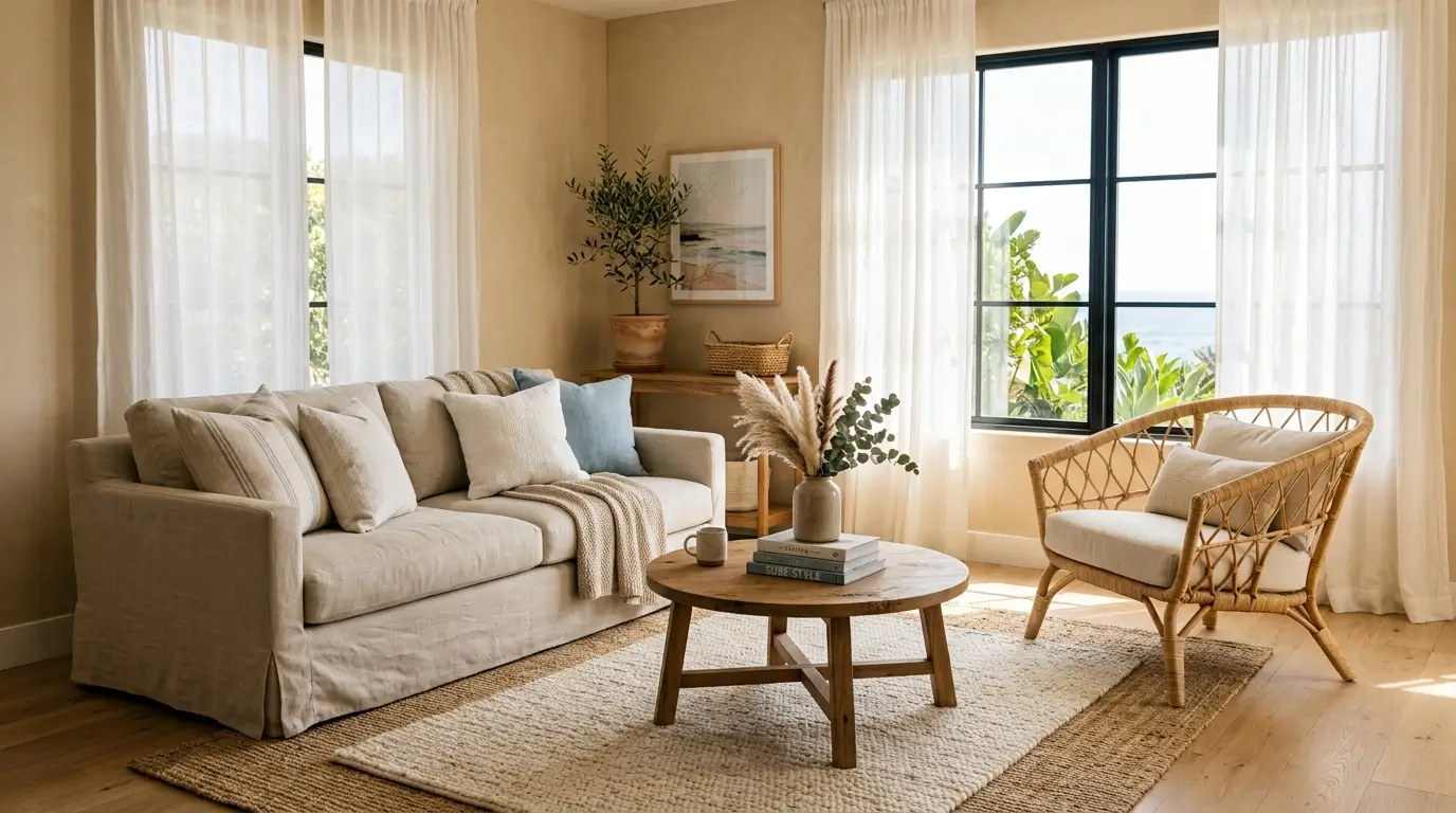 Neutral but Not Boring: California Coastal Interior Design 1 Sunlit living room with sofa 202608282316