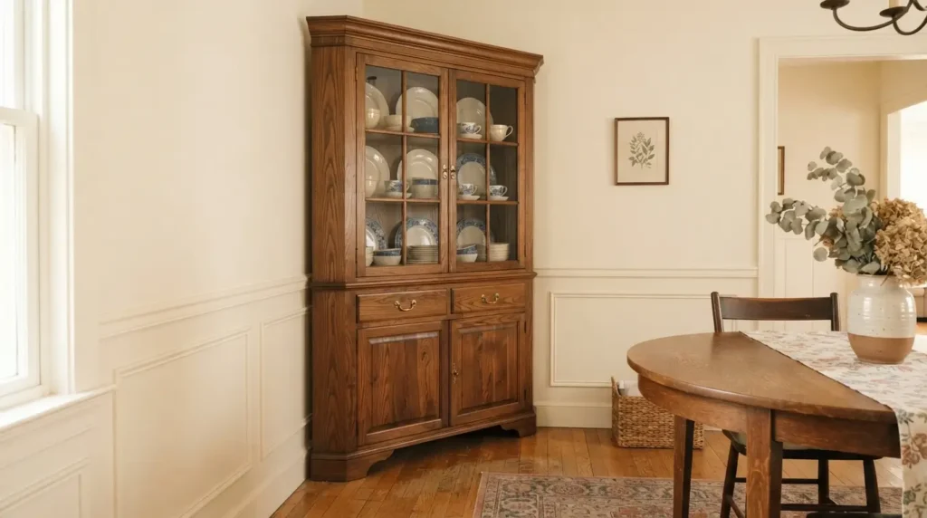Wood corner hutch in dining 202608231757