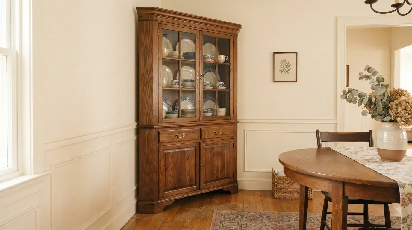 Wood corner hutch in dining 202608231757