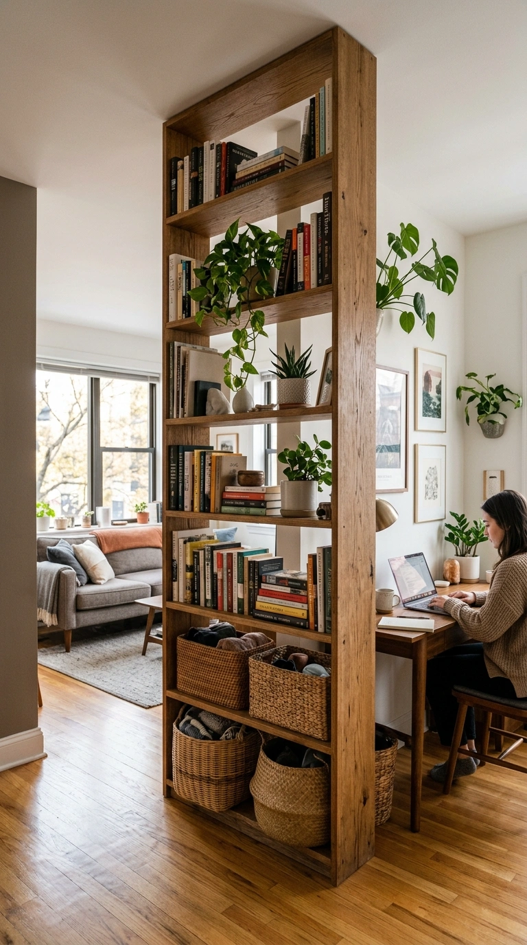 001 1 Bookshelf Room Divider A tall open wood bookshel