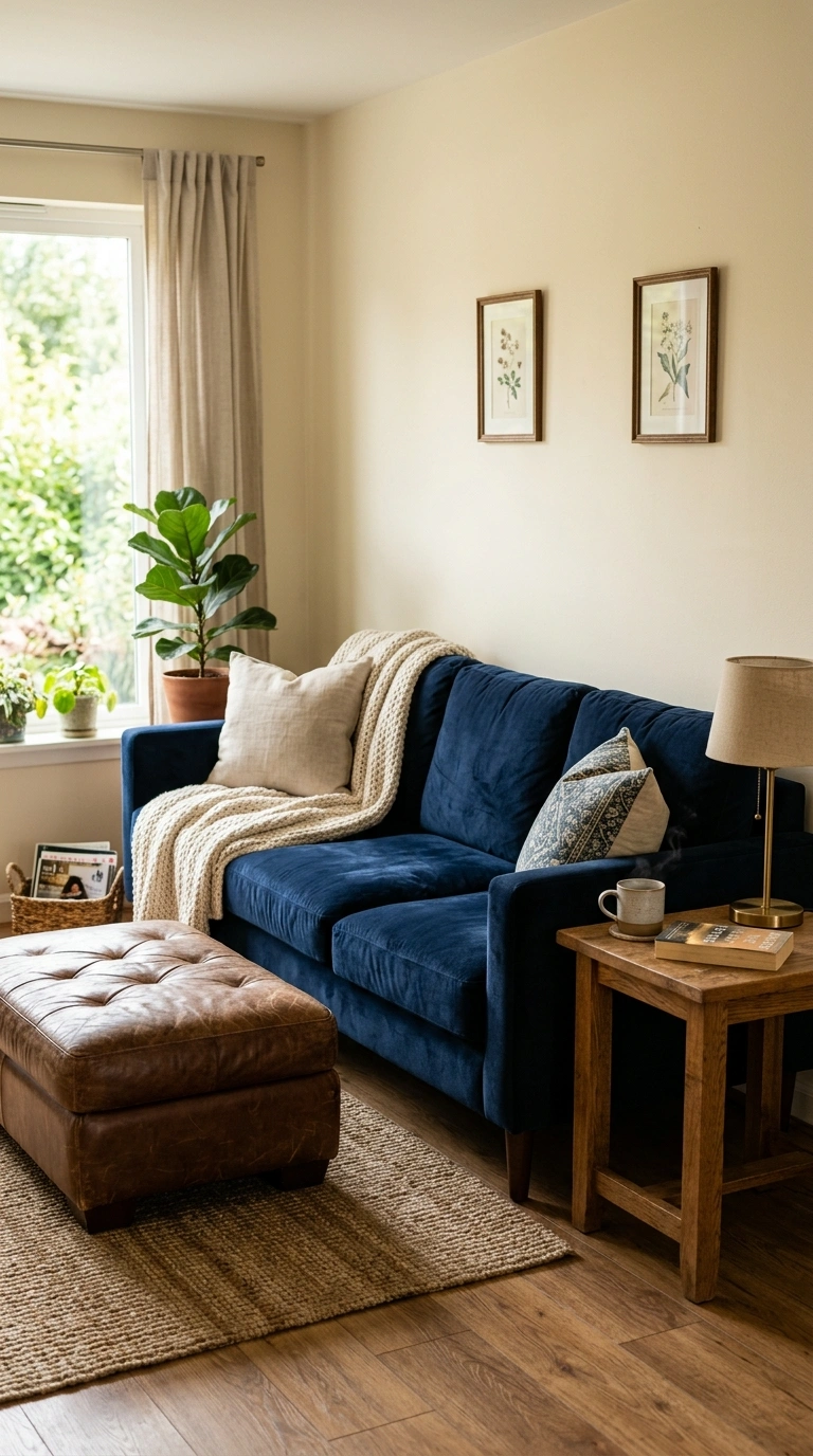 001 1 Navy Velvet Sofa A living room with a deep navy