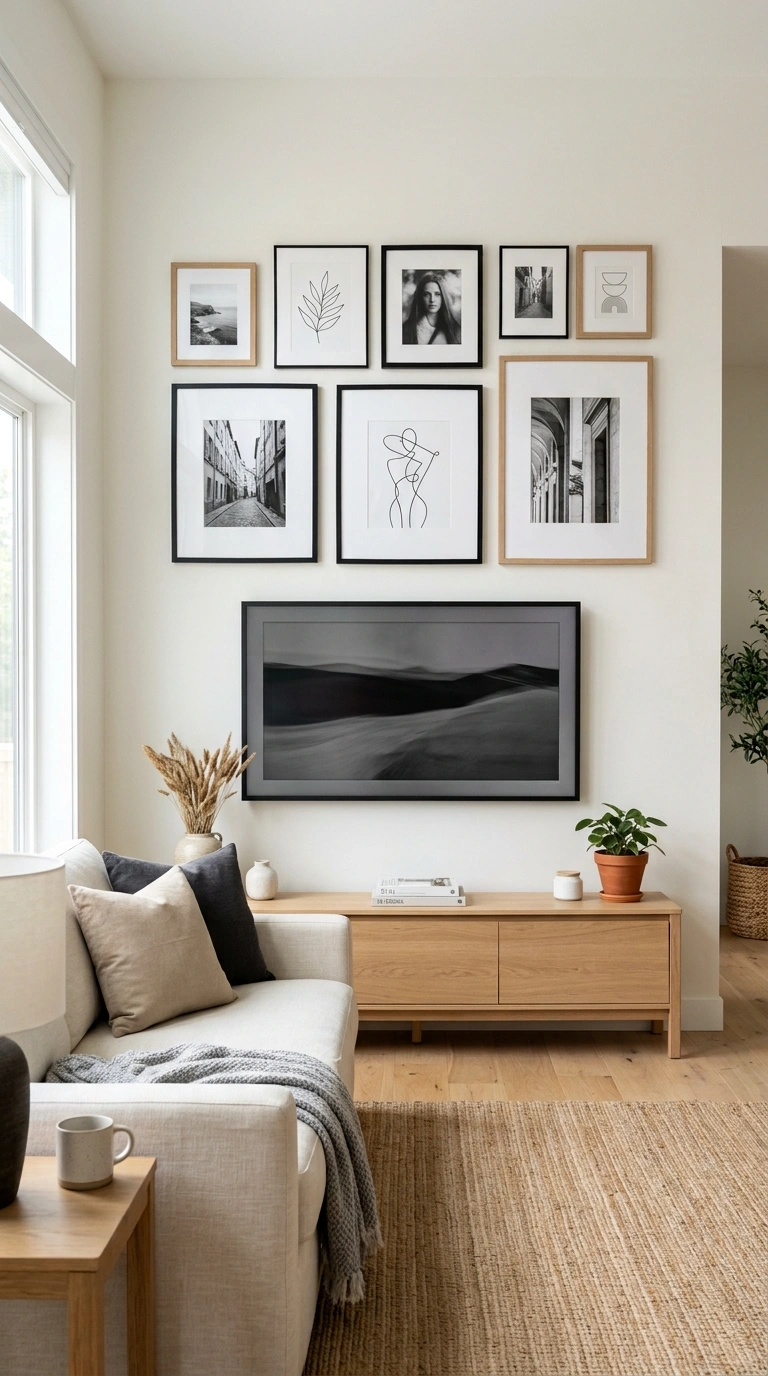 001 Balanced Gallery Wall A living room wall with a wa