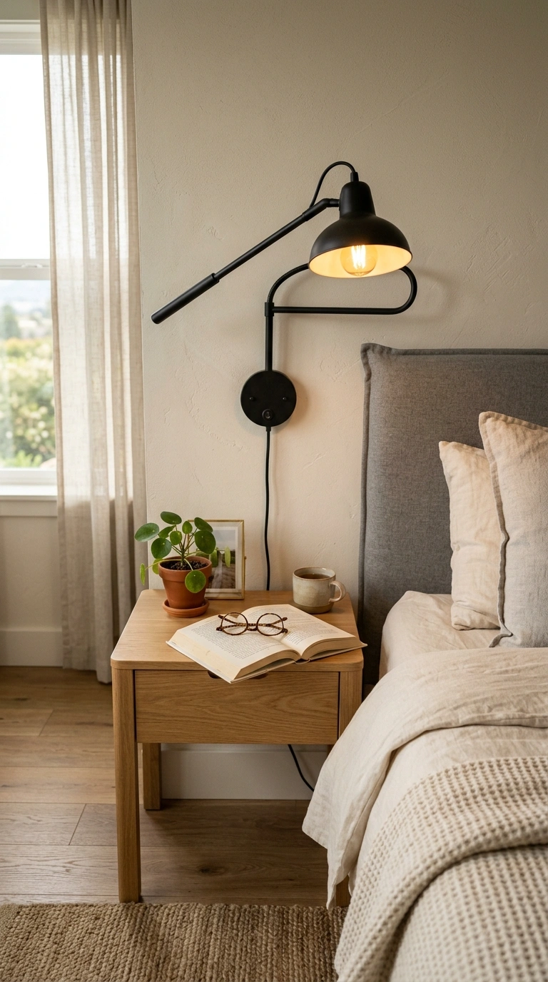 001 Bedside Reading Sconce A bedroom nightstand with a 1