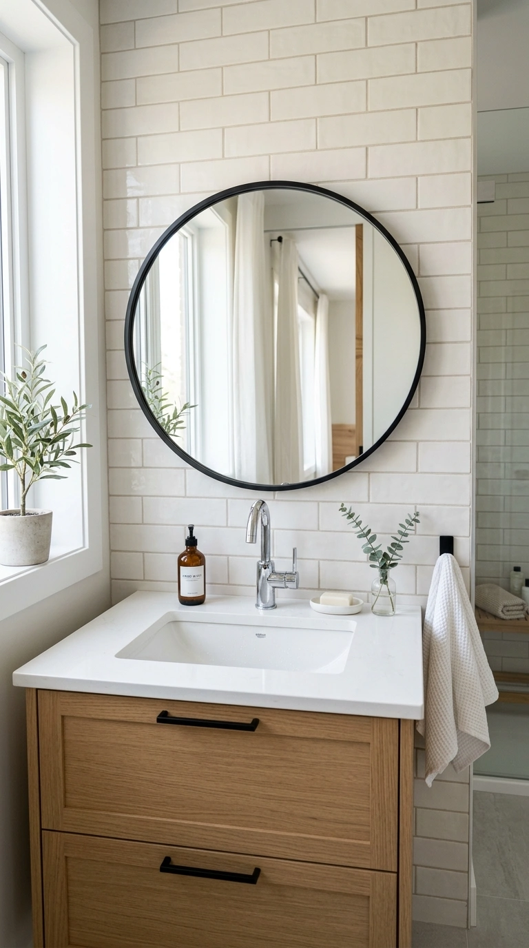 21 Bathroom Wall Decor Ideas for Black, Red & Chrome Themes + Smart Shower Storage 2 001 Black Framed Mirror A bathroom vanity with a round