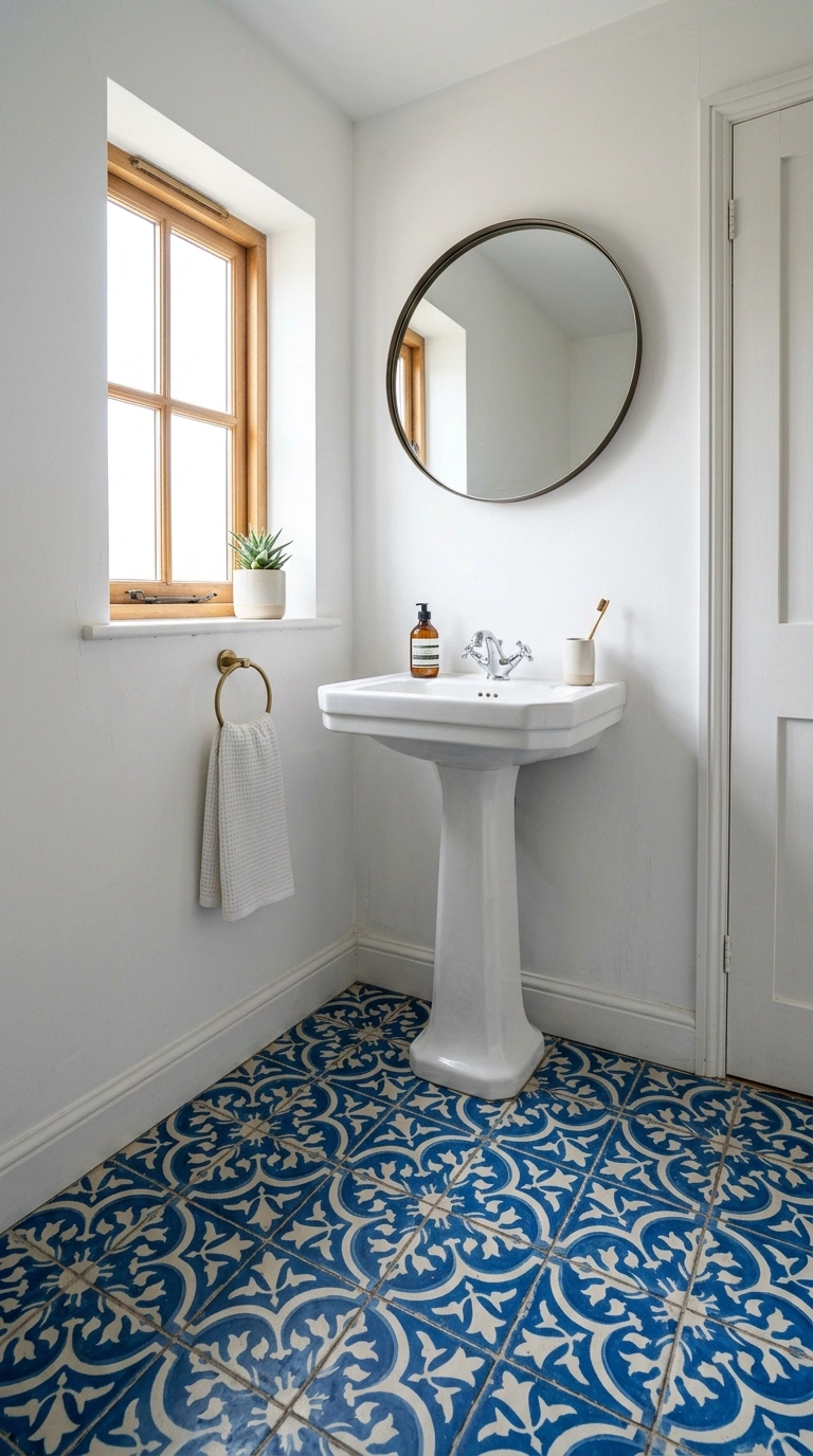 001 Bold Tile Floor A small bathroom with a cobalt blu