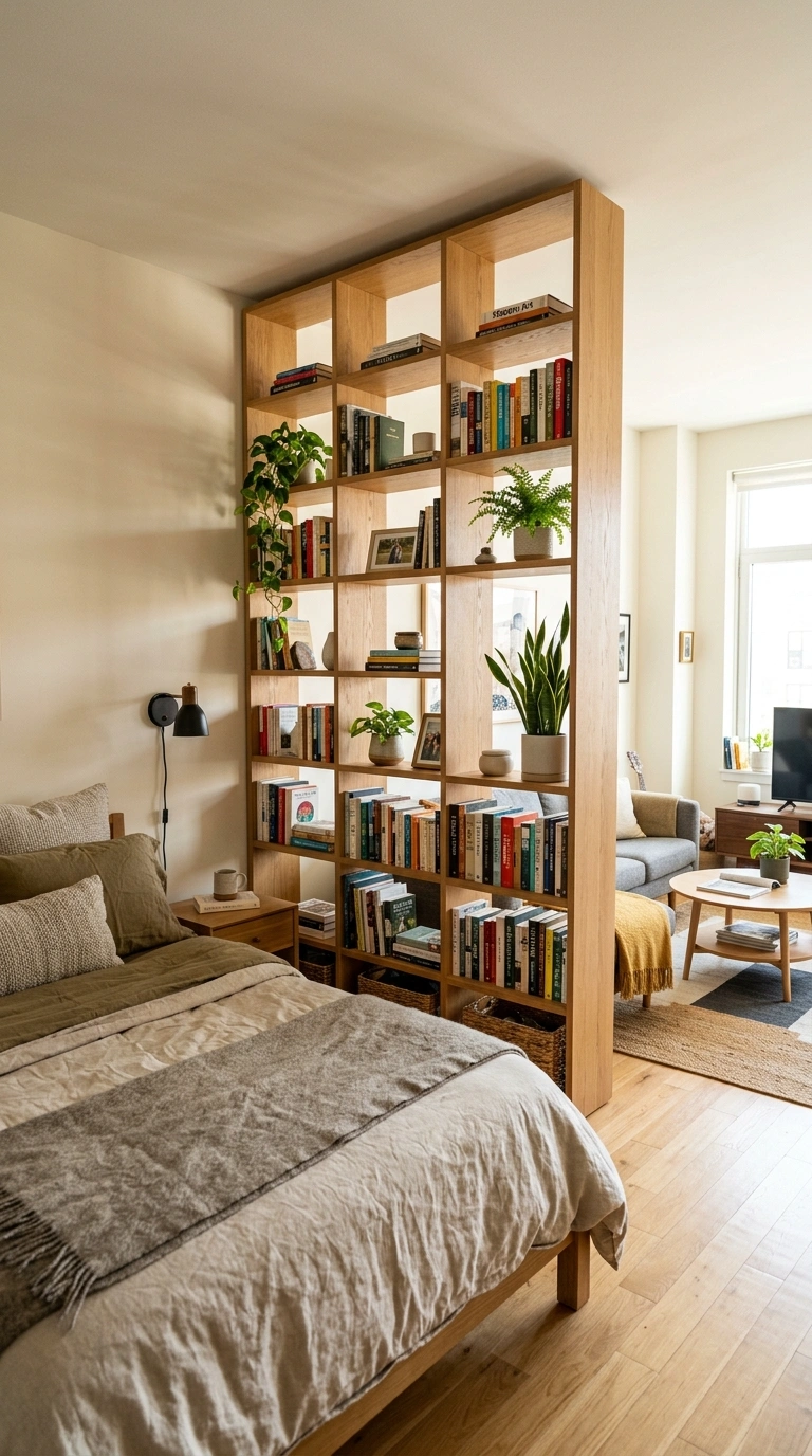 001 Bookshelf Room Divider A studio apartment with a t