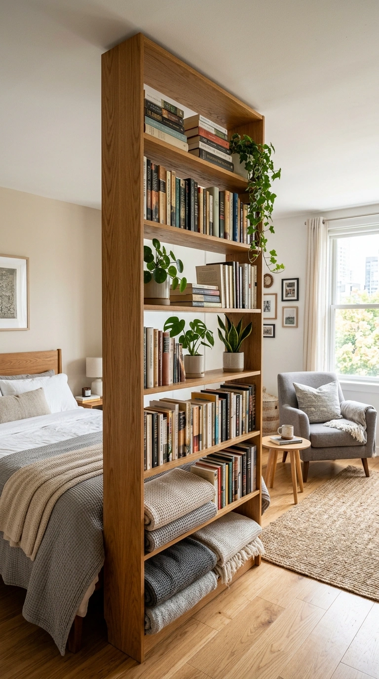 21 Smart Bedroom Divider Ideas for Stylish Studio Apartments 2 001 Bookshelf Room Divider A tall open wood bookshelf