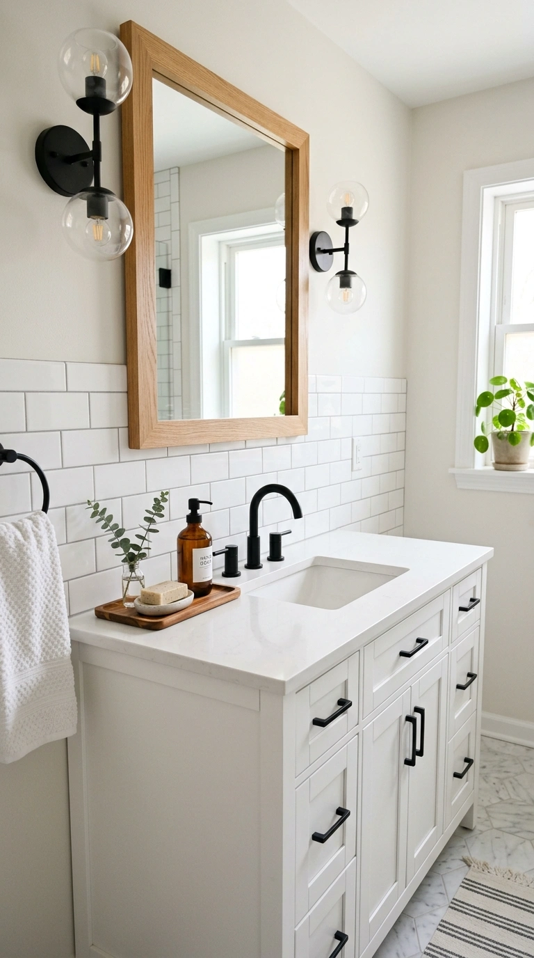 24 Bathroom Backsplash Ideas For Every Budget And Style 2 001 Classic Subway Tile A white vanity in a bright bat