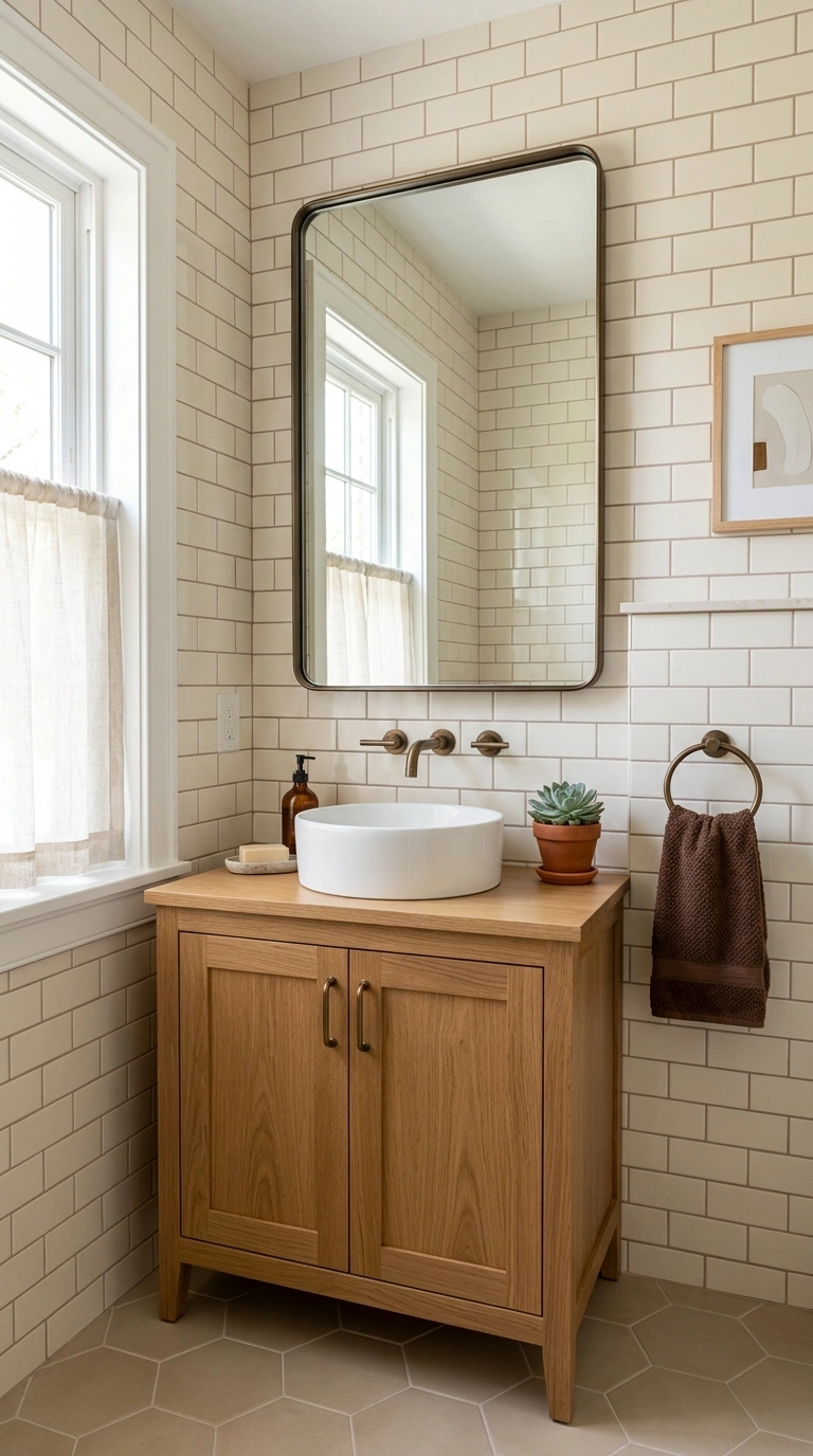 001 Cream Subway Tile A bathroom with cream subway til