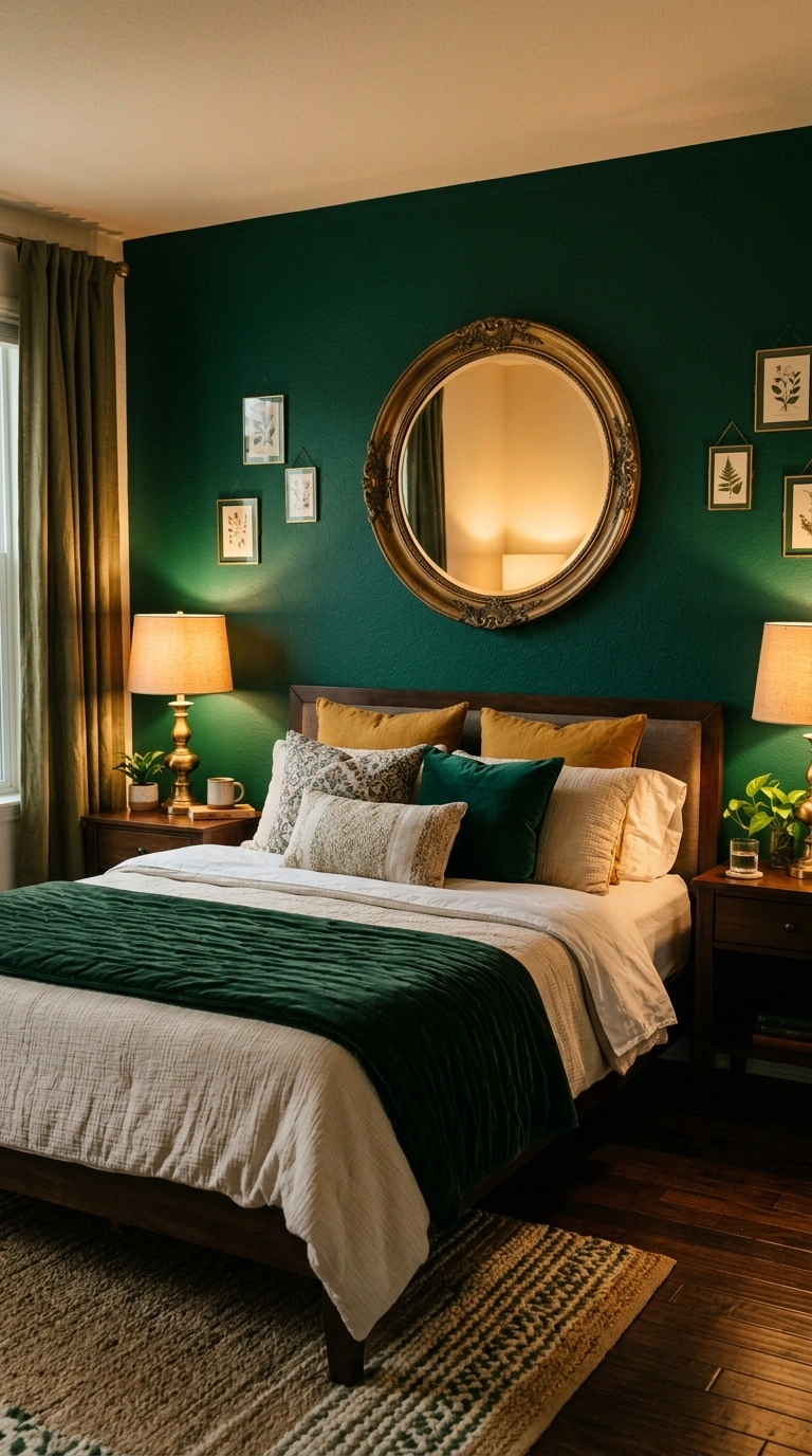 001 Deep Emerald Walls A bedroom with deep emerald gre