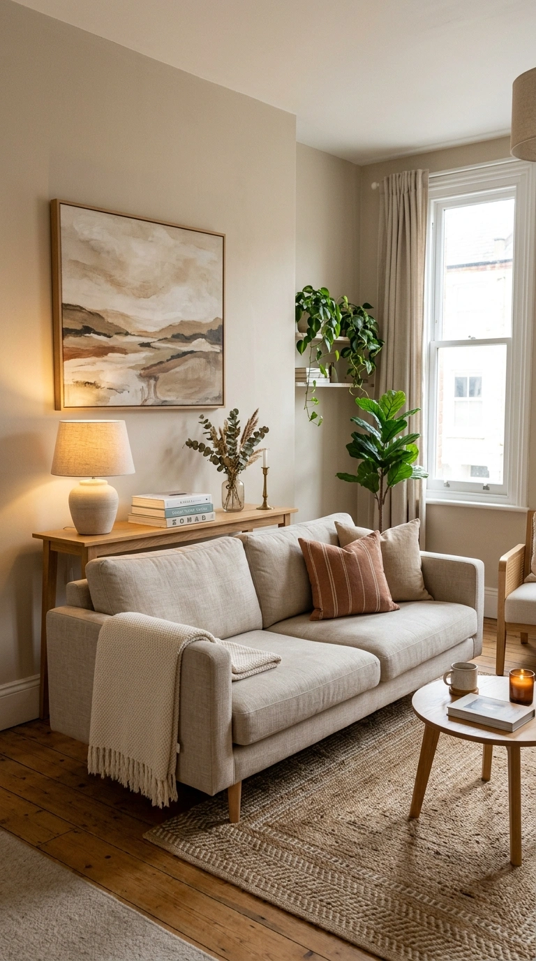001 Float The Sofa A narrow living room with a neutral