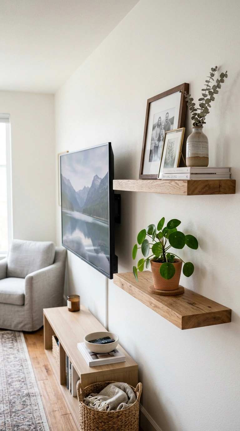 001 Floating Shelf Combo A living room wall beside a m