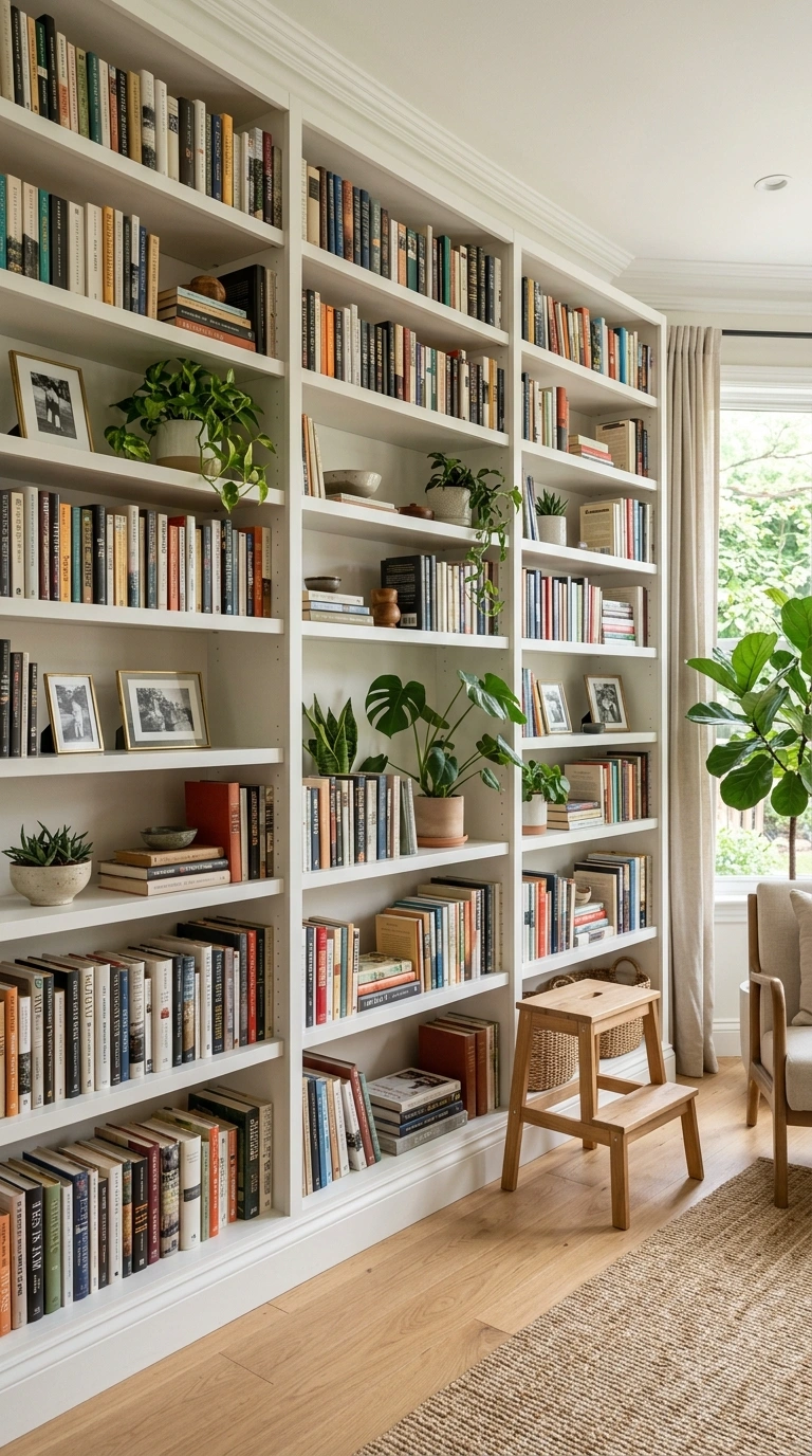 21 Small Home Library Ideas for Book Lovers 2 001 Floor to Ceiling Shelves A wall of tall white buil