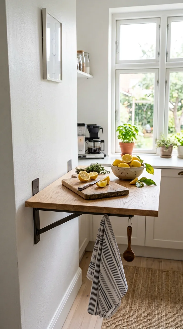 001 Fold Down Prep Table A narrow white kitchen wall w