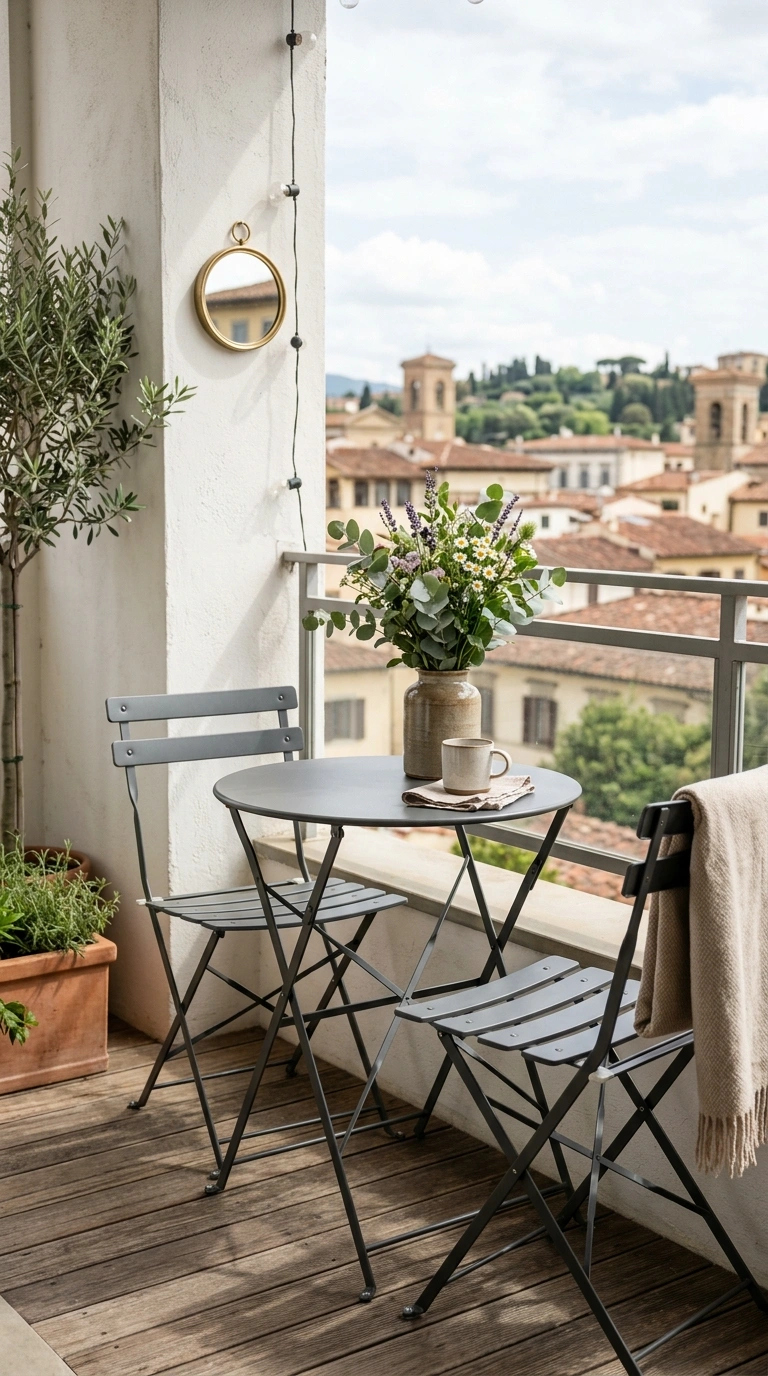 001 Folding Bistro Table A small balcony corner with a