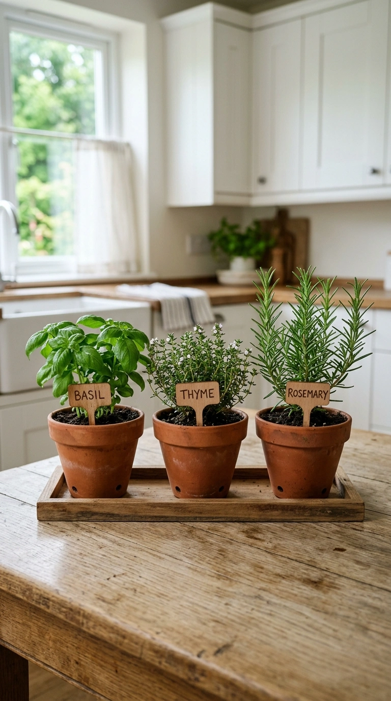 001 Fresh Herb Pot Trio A wood kitchen table with thre 1