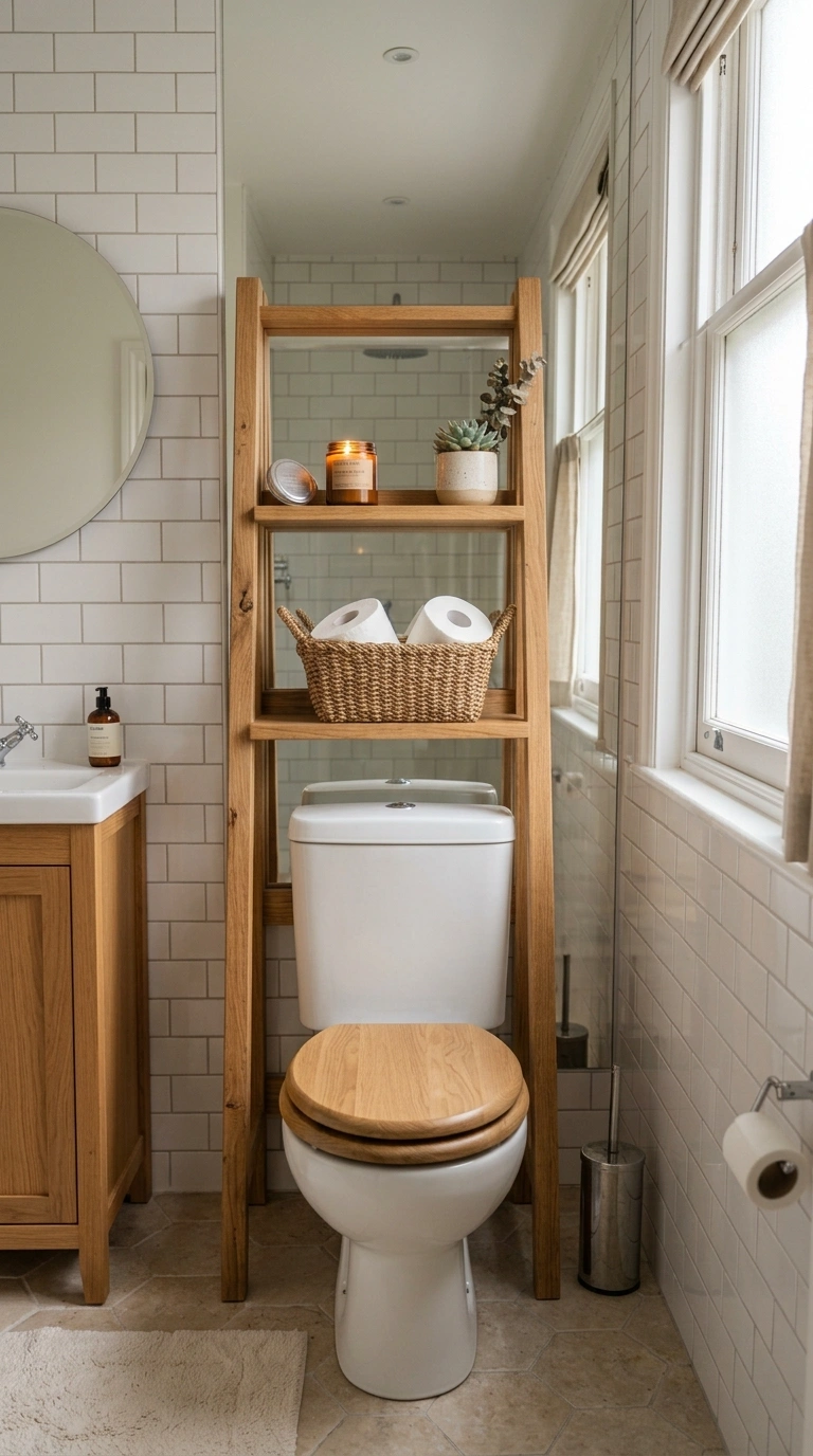 001 Ladder Shelf Display A small bathroom with a natur