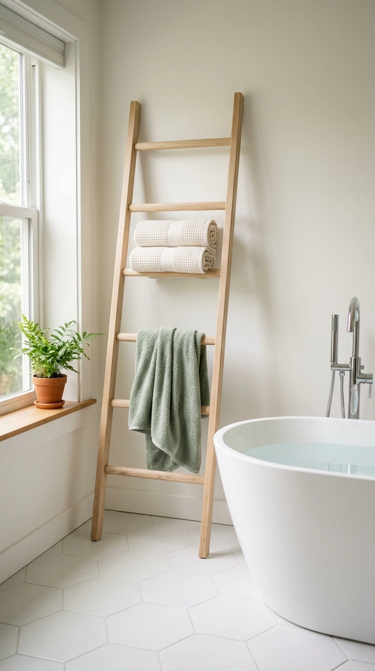 001 Ladder Towel Rack A light wood ladder towel rack l