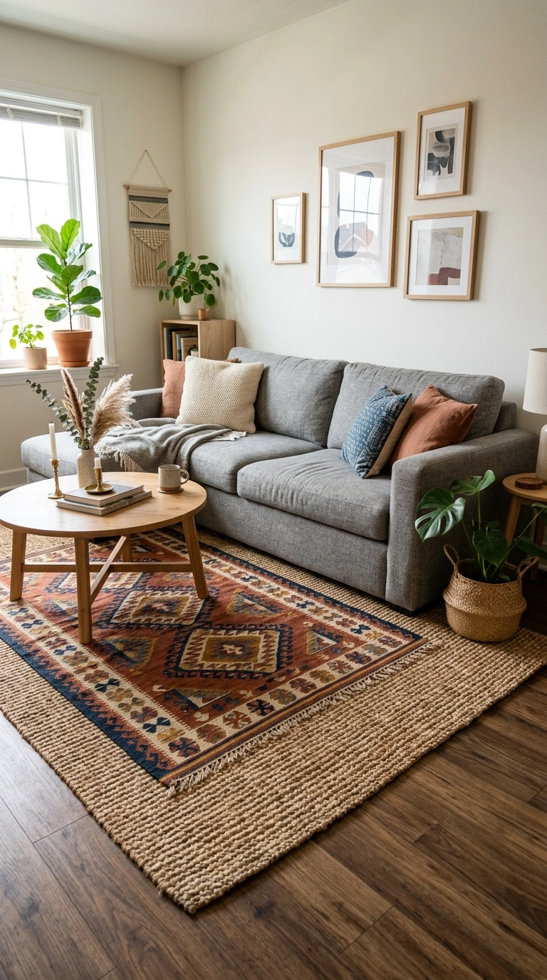 001 Layered Jute Rugs A living room with a grey fabric