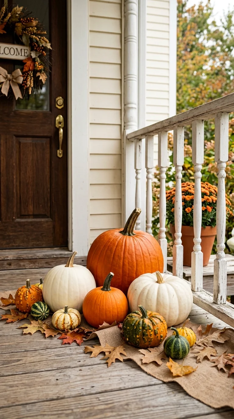 001 Layered Pumpkin Display A front porch corner with