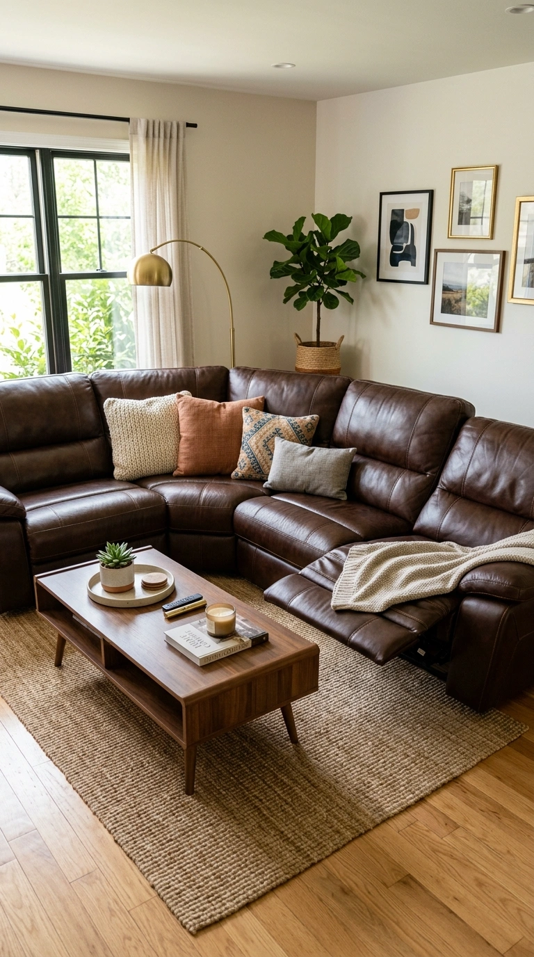 001 Leather Reclining Sectional A living room with a d