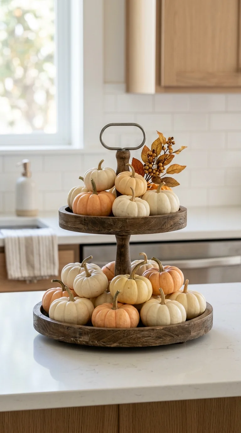 001 Mini Pumpkin Tray A wood two tier tray on a kitche