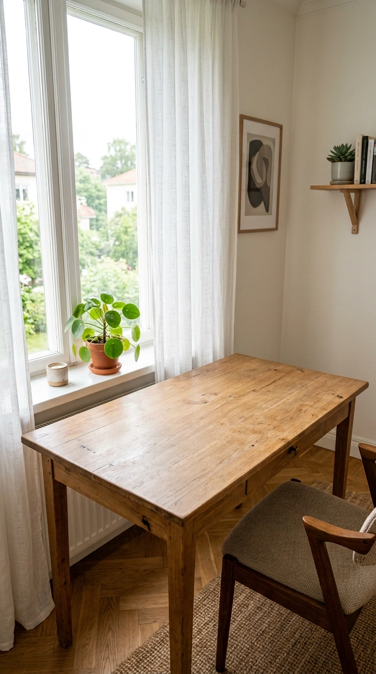 001 Natural Light Desk A wood desk positioned directly
