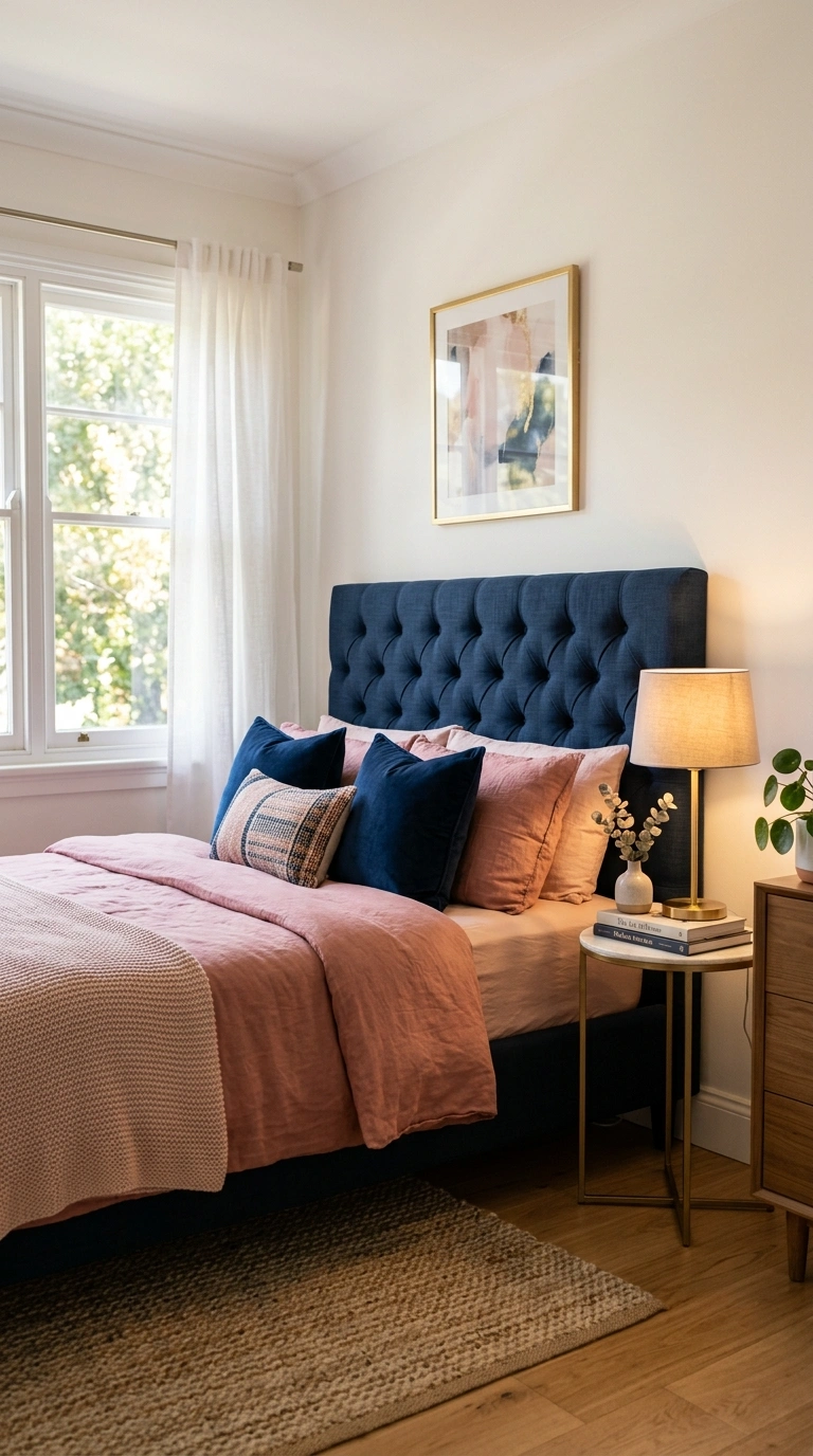 21 Colors That Pair Perfectly With Navy Blue 2 001 Navy And Blush A bedroom with a navy blue upholste